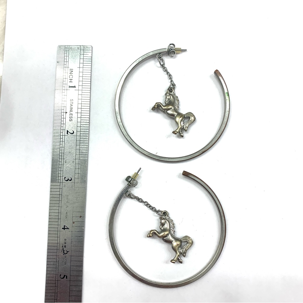 Aldo Vintage Unique Silver Hoop Earrings With Horse Charms - Statement Jewelry 8$